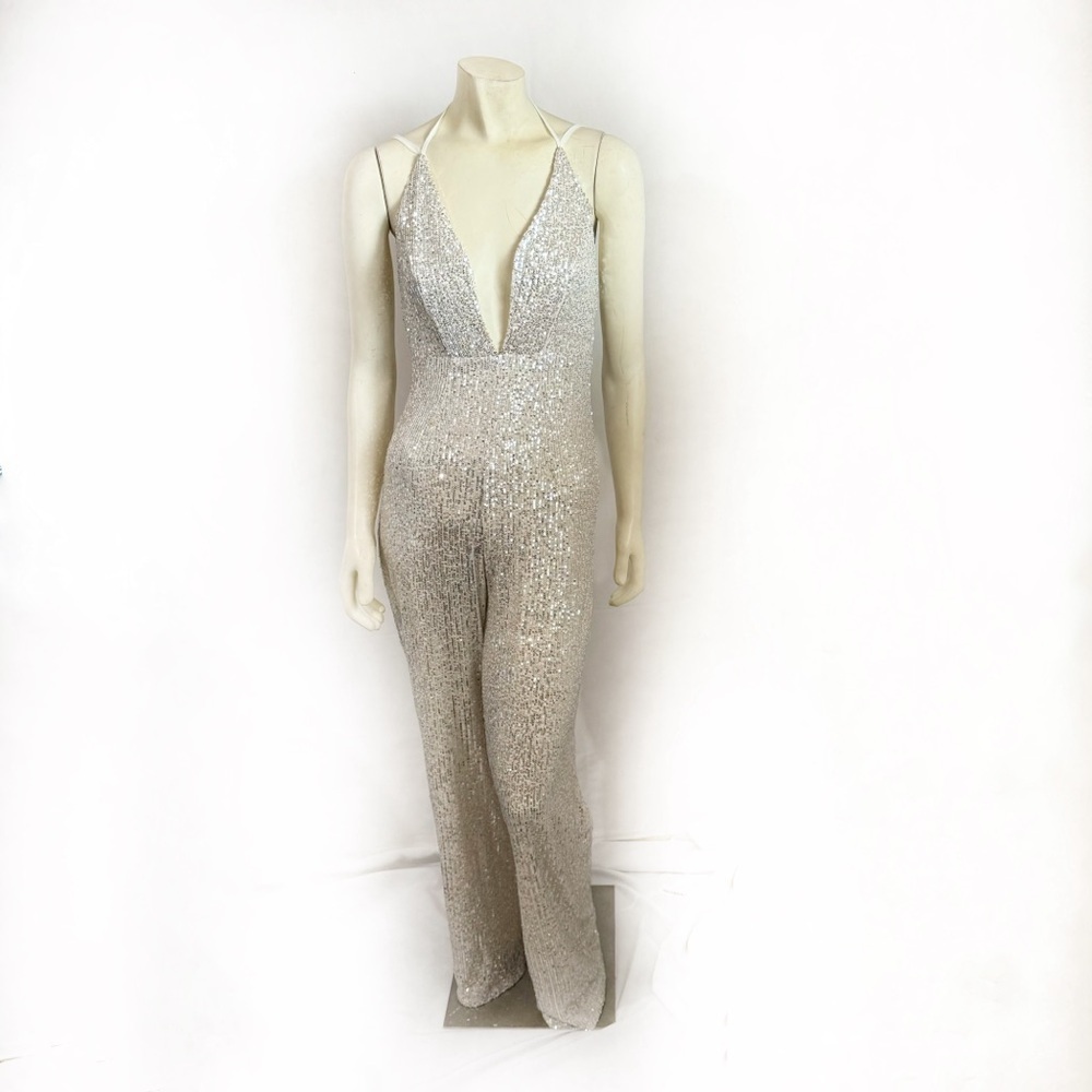 Fashion Nova Party Girl Silver Sequins Jumpsuit Size XS - Picture 3 of 8